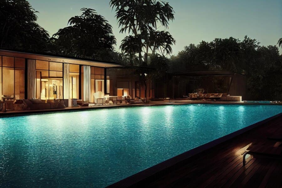 Pool at night with some lighting.