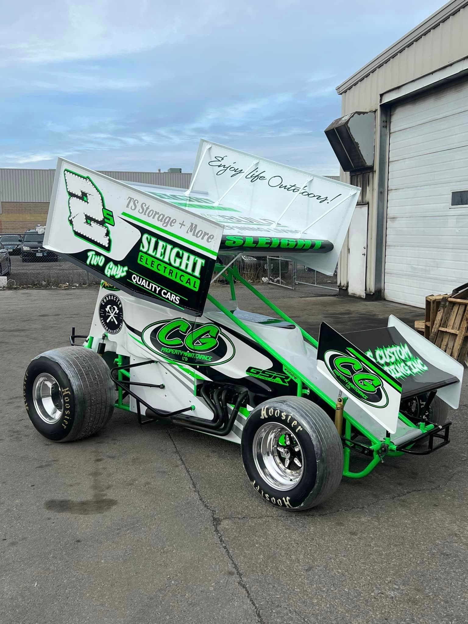 Al Sleight's #2s winged sprint car in Sleight Electrical green and white