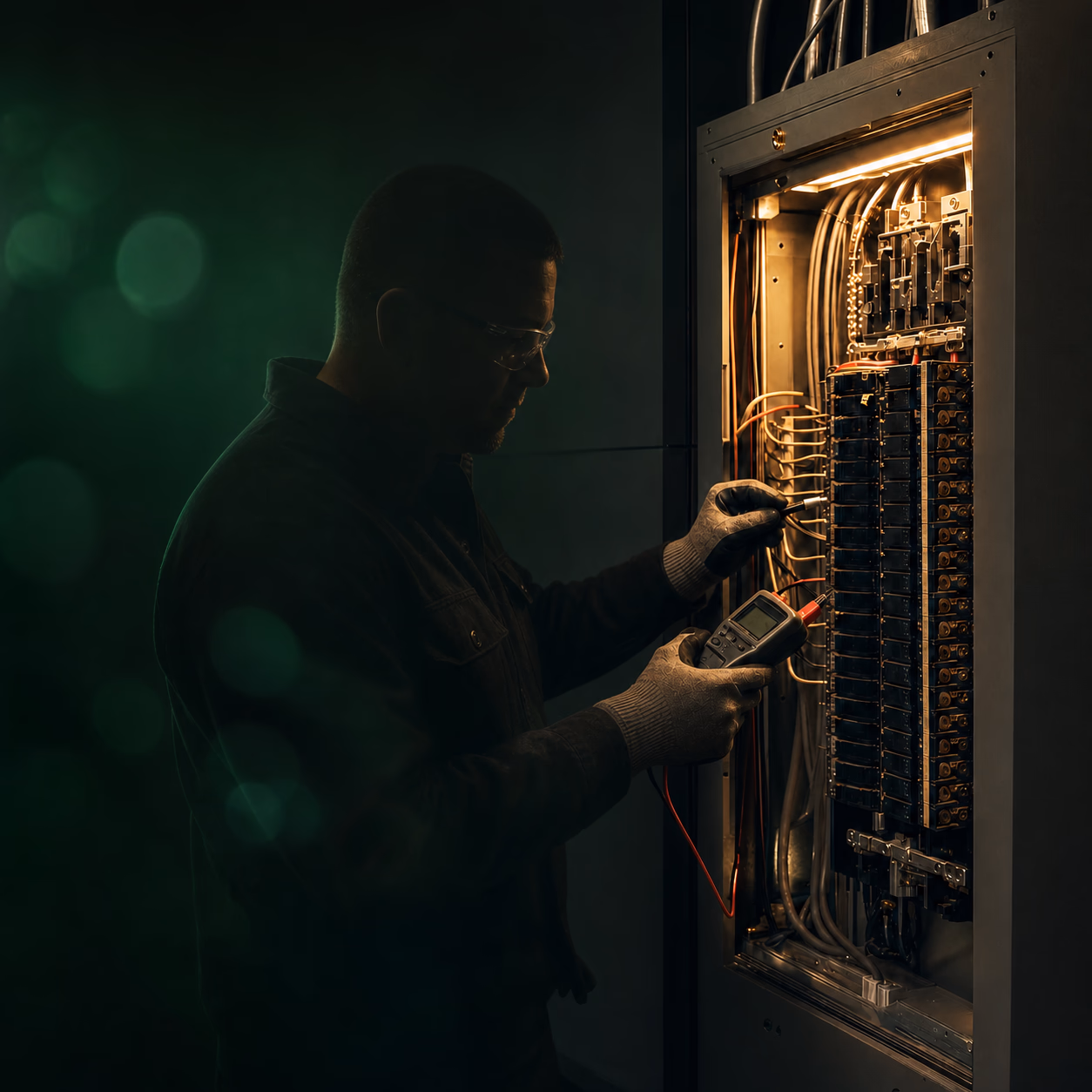 Electrical diagnostics being performed at a modern breaker panel